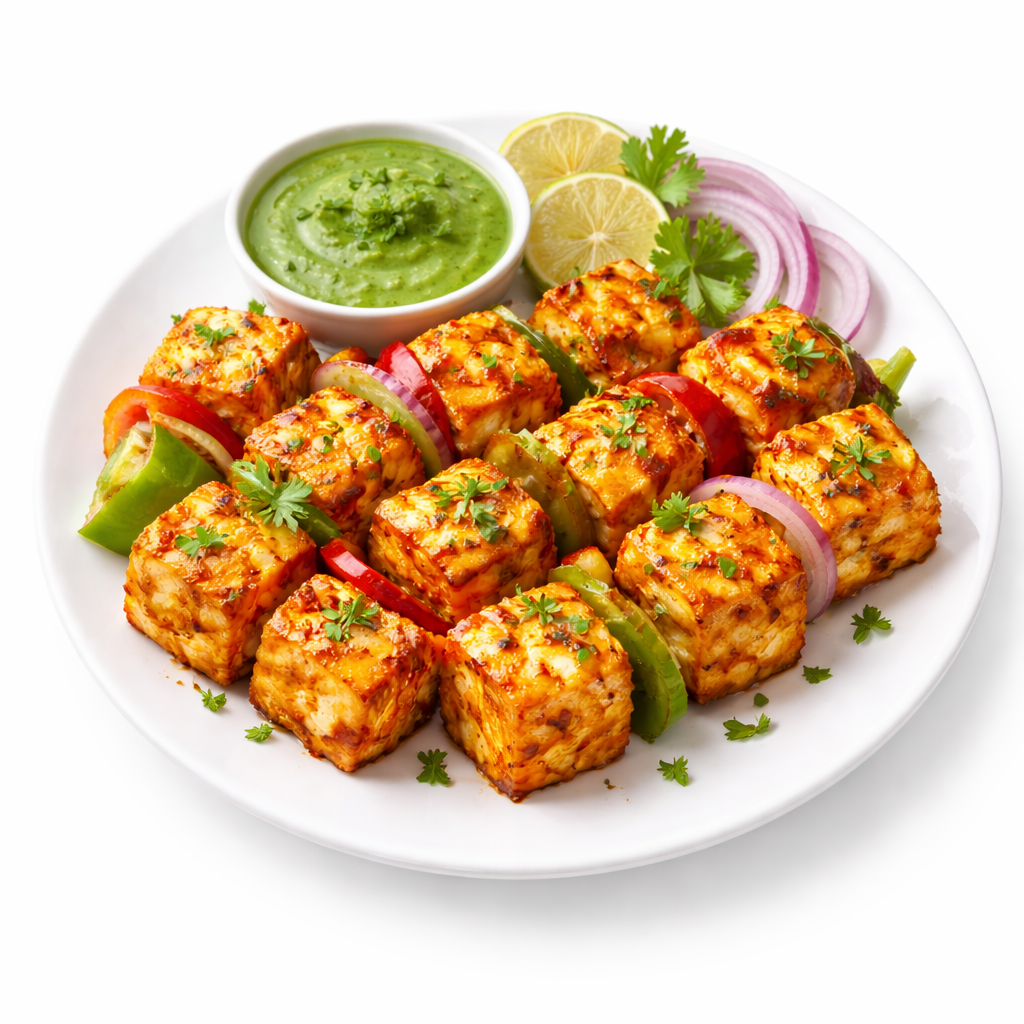 Smoky, succulent paneer tikka with vibrant spices